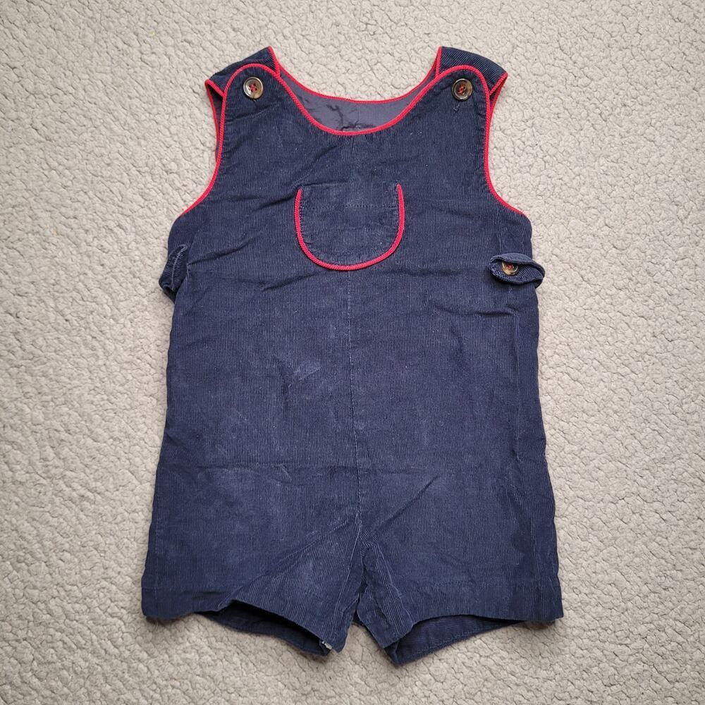Busy Bees Romper 18 Months Baby Toddler Navy Blue Corduroy Red Trim Shortalls